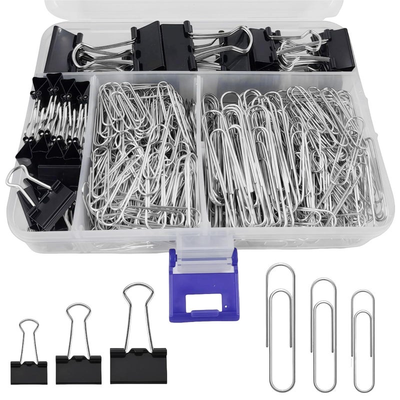 HIQU and HIST Binder and Paper Clips Set, 340 pcs Assorted Sizes in Container With Compartments - Silver Paper and Black Binder Clips for Home, School, Office Supplies - Image 1