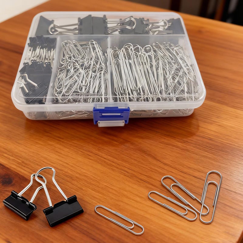HIQU and HIST Binder and Paper Clips Set, 340 pcs Assorted Sizes in Container With Compartments - Silver Paper and Black Binder Clips for Home, School, Office Supplies - Image 3
