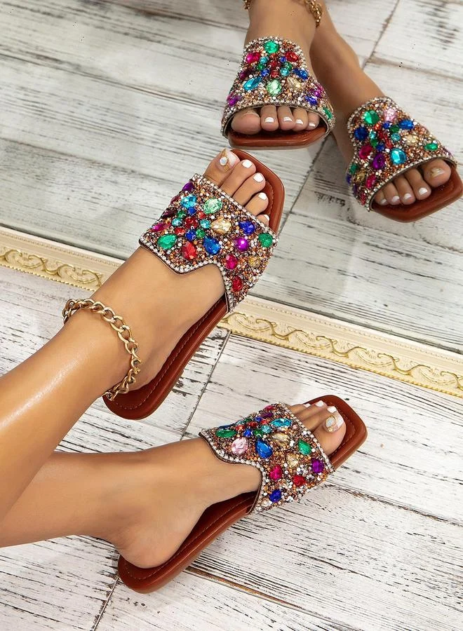 Take Two Brown Embellished Flat Sandals