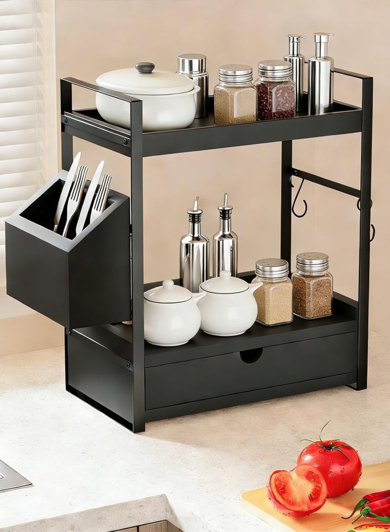 SHOELAY 2-Tier Bathroom Counter Organizer with Drawer and Basket, Wood Countertop Organizer for Storage, Skincare Organizers for Vanity, Counter Shelf for Bathroom Organization, Black (Black) - Image 2