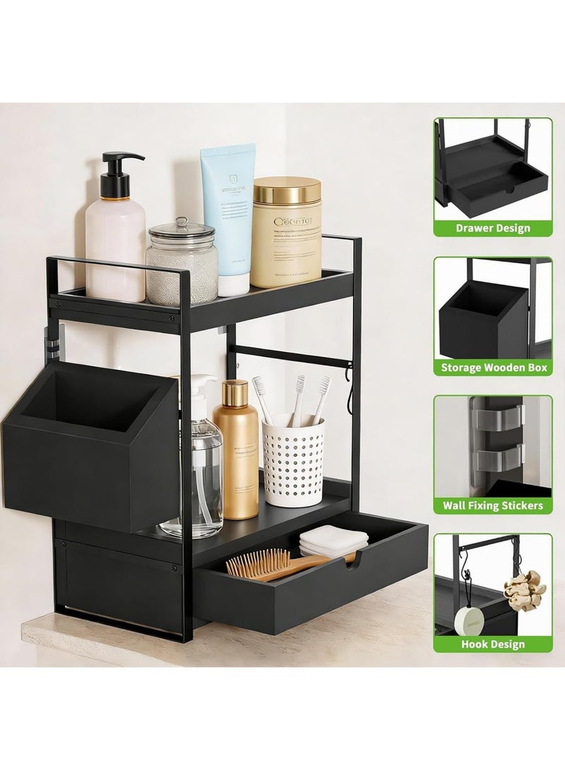 SHOELAY 2-Tier Bathroom Counter Organizer with Drawer and Basket, Wood Countertop Organizer for Storage, Skincare Organizers for Vanity, Counter Shelf for Bathroom Organization, Black (Black) - Image 3