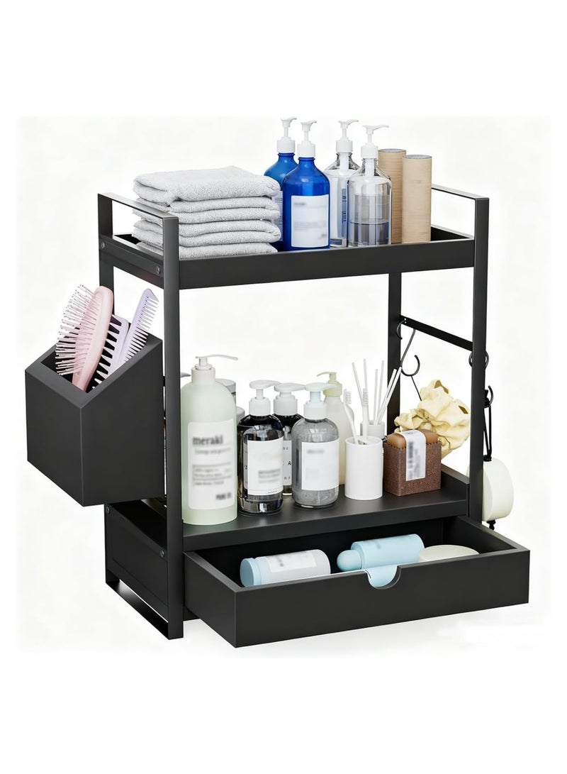 SHOELAY 2-Tier Bathroom Counter Organizer with Drawer and Basket, Wood Countertop Organizer for Storage, Skincare Organizers for Vanity, Counter Shelf for Bathroom Organization, Black (Black) - Image 1