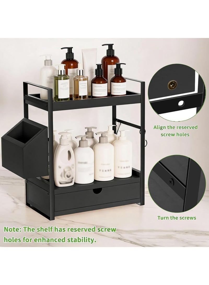 SHOELAY 2-Tier Bathroom Counter Organizer with Drawer and Basket, Wood Countertop Organizer for Storage, Skincare Organizers for Vanity, Counter Shelf for Bathroom Organization, Black (Black) - Image 4