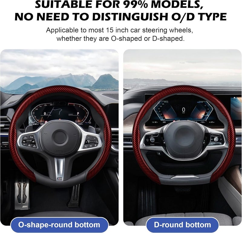 frani Leather Steering Wheel Cover, Universal 15 Inch Premium Non-Slip Steering Wheel Cover Red Carbon Fiber Texture - Image 3