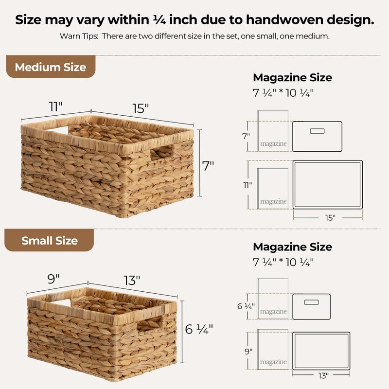 StorageWorks Wicker Storage Baskets, Handwoven Water Hyacinth Basket for Organizing, Decorative Organizers with Built-in Handles, Set of 2 - Image 3