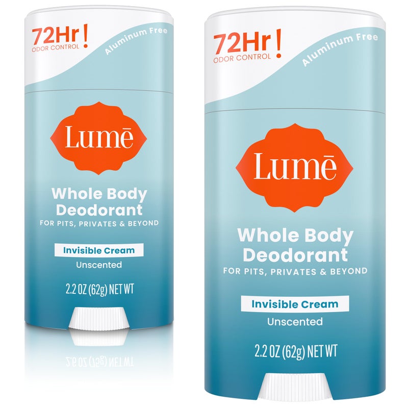Lume Whole Body Deodorant  Invisible Cream Stick  72 Hour Odor Control  Aluminum Free Baking Soda Free Skin Safe  22 Ounce Pack of 2 Unscented
