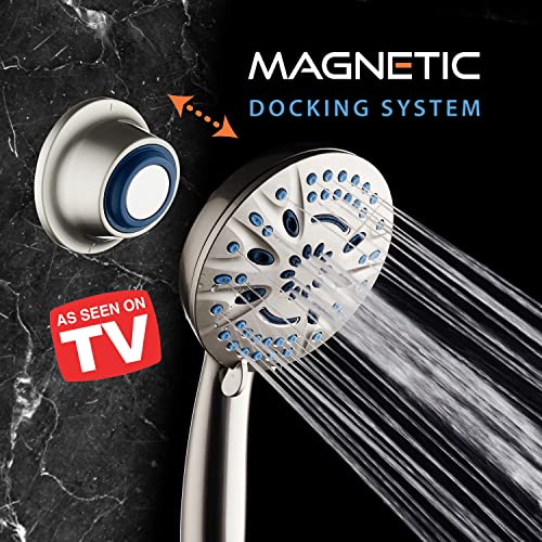 AquaCare Magneton High-Pressure 8-mode Handheld Shower Head with Magnetic Guidance Docking System - 2 Magnetic Brackets, 5 inch Face, Hygienic Jets, 6 ft. Stainless Steel Hose - All Nickel Finish - Image 4