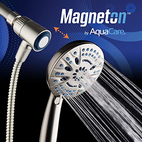 AquaCare Magneton High-Pressure 8-mode Handheld Shower Head with Magnetic Guidance Docking System - 2 Magnetic Brackets, 5 inch Face, Hygienic Jets, 6 ft. Stainless Steel Hose - All Nickel Finish - Image 2