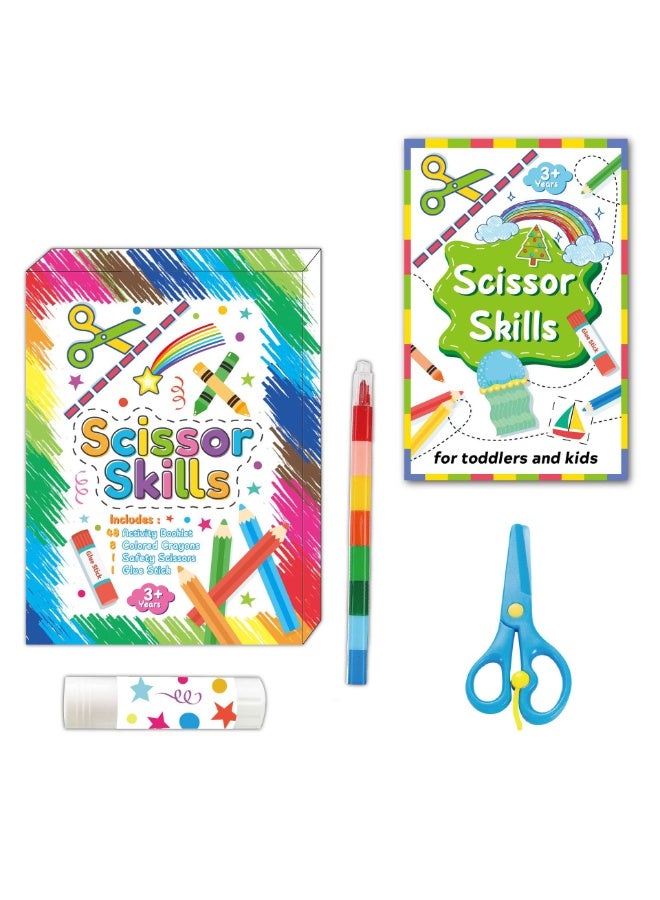 Capstro Paper Cut-Out Book Set for Kids | Includes 48 Activity Booklets, Safety Scissors, Glue Stick & 8 Crayons | DIY Paper Cutting & Pasting Craft Kit for Kids Age 3+ | Creative Montessori Art Activity - Image 1