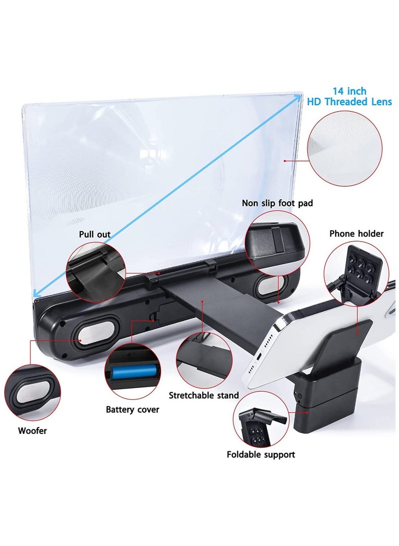 Generic - Mobile Phone Screen Amplifier, with 2-in-1 Foldable Stretch Stand Holder, 14 inch Phone Screen Magnifier with Bluetooth Speaker, Portable 3D Screen Magnifying Glass for All Smartphones (Black) - Image 1