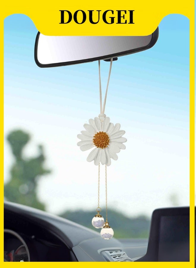 دوغي اكسسوارات معلقة لمرآة السيارة ، ديكورات السيارة الأقحوان زخرفة معلقة للسيارة ، اكسسوارات مرآة الرؤية الخلفية للنساء ، سحر السيارة قلادة جميلة ، زهرة- أبيض - Image 1