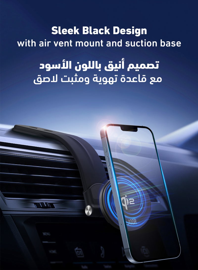 MagQ C2 15W Qi2 Wireless Car Charger is an innovative solution that combines fast charging ⚡, sleek design 🖤, and advanced technology 🔋, making it the perfect choice for users looking for a comfortable and safe charging experience while driving 🚗⚡. Compatible with iPhone 📱 and Samsung Galaxy S21/S22/S23 📱. - Image 2