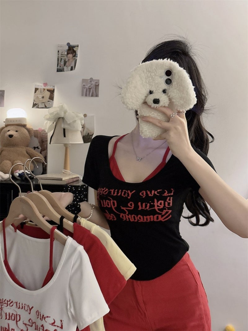 American-Style Retro Fake Two-Piece Sweet Spice Girl Short-Sleeved T-Shirt Women'S Letter Printed Slim-Fit Slim Top - Image 4