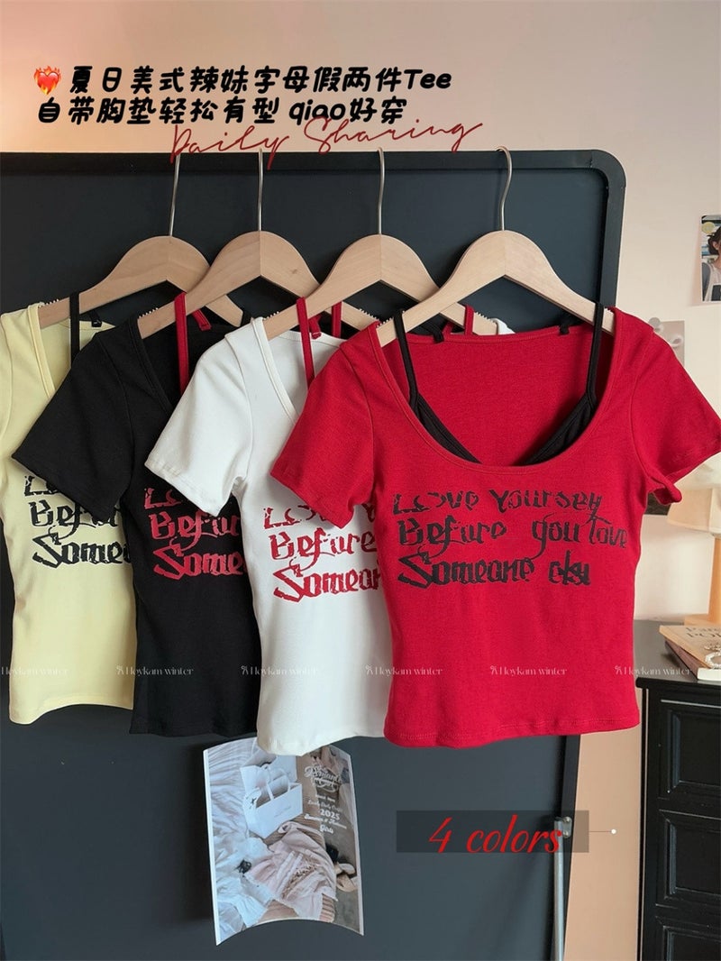 American-Style Retro Fake Two-Piece Sweet Spice Girl Short-Sleeved T-Shirt Women'S Letter Printed Slim-Fit Slim Top - Image 5