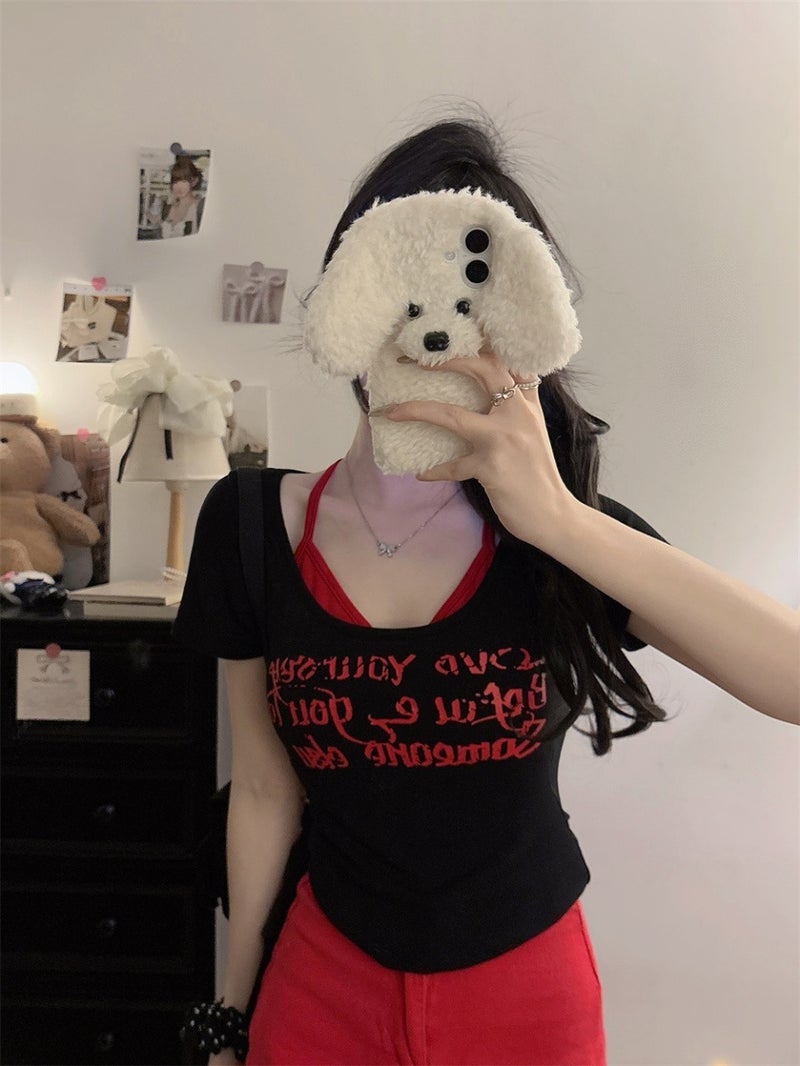 American-Style Retro Fake Two-Piece Sweet Spice Girl Short-Sleeved T-Shirt Women'S Letter Printed Slim-Fit Slim Top - Image 3