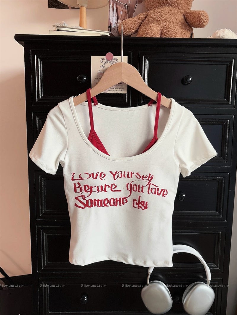 American-Style Retro Fake Two-Piece Sweet Spice Girl Short-Sleeved T-Shirt Women'S Letter Printed Slim-Fit Slim Top - Image 1