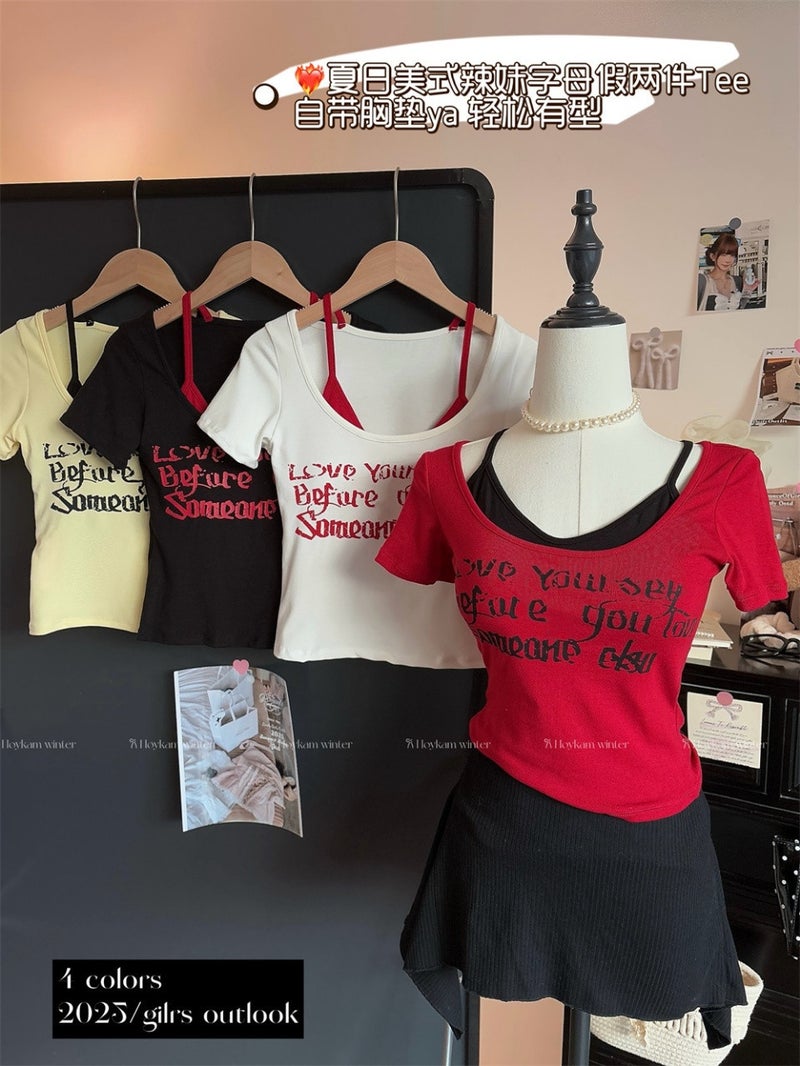American-Style Retro Fake Two-Piece Sweet Spice Girl Short-Sleeved T-Shirt Women'S Letter Printed Slim-Fit Slim Top - Image 2
