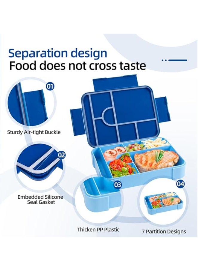عام علبة بنتو بسعة 1330 مل، علبة بنتو مقاومة للماء للأطفال والبالغين، تحتوي على 7 أقسام ومجموعة أدوات تناول الطعام - مناسبة للأطفال، المدرسة، الروضة، المكتب - قابلة للاستخدام في الميكروويف. - Image 2