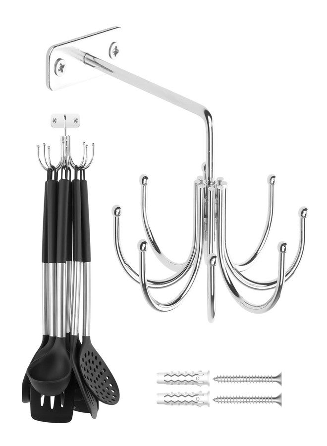 ZEDODIER Kitchen Cooking Utensil Holder, 360° Rotating Kitchen Hooks for Hanging Utensils, Heavy Duty Metal Utensil Rack with 8 Storage Capacity for Utensil, Towel, Pot, Glove, Aprons, Silver - Image 1