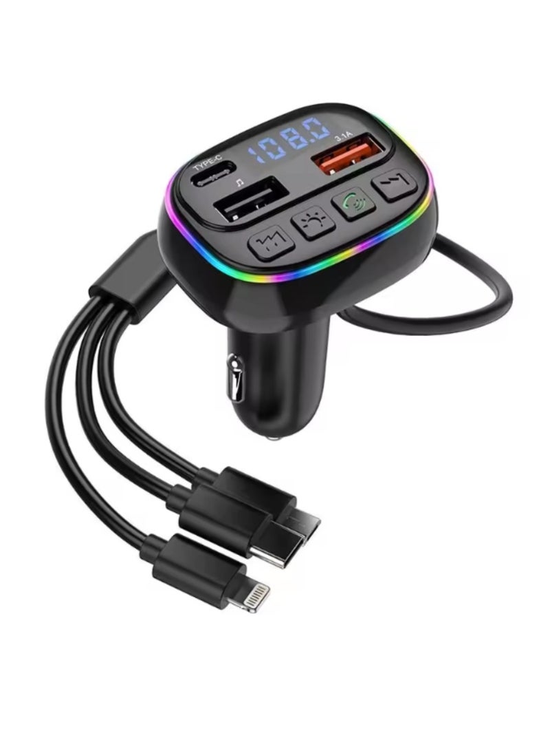 لوكاداه جهاز إرسال FM للسيارة بقوة 60 واط مع شاحن USB مزدوج سريع، وكابلات شحن مدمجة 3 في 1 (Type-C، Micro-USB، Lightning)، ومكالمات بدون استخدام اليدين، ومشغل موسيقى راديو FM لاسلكي، وشاشة LED لجميع السيارات (متعددة الألوان). - Image 1