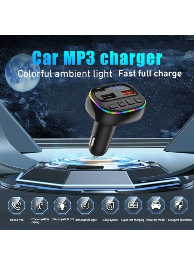 لوكاداه جهاز إرسال FM للسيارة بقوة 60 واط مع شاحن USB مزدوج سريع، وكابلات شحن مدمجة 3 في 1 (Type-C، Micro-USB، Lightning)، ومكالمات بدون استخدام اليدين، ومشغل موسيقى راديو FM لاسلكي، وشاشة LED لجميع السيارات (متعددة الألوان). - Image 2