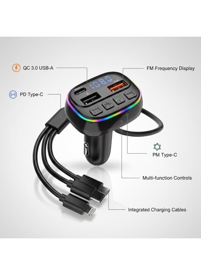 لوكاداه جهاز إرسال FM للسيارة بقوة 60 واط مع شاحن USB مزدوج سريع، وكابلات شحن مدمجة 3 في 1 (Type-C، Micro-USB، Lightning)، ومكالمات بدون استخدام اليدين، ومشغل موسيقى راديو FM لاسلكي، وشاشة LED لجميع السيارات (متعددة الألوان). - Image 3