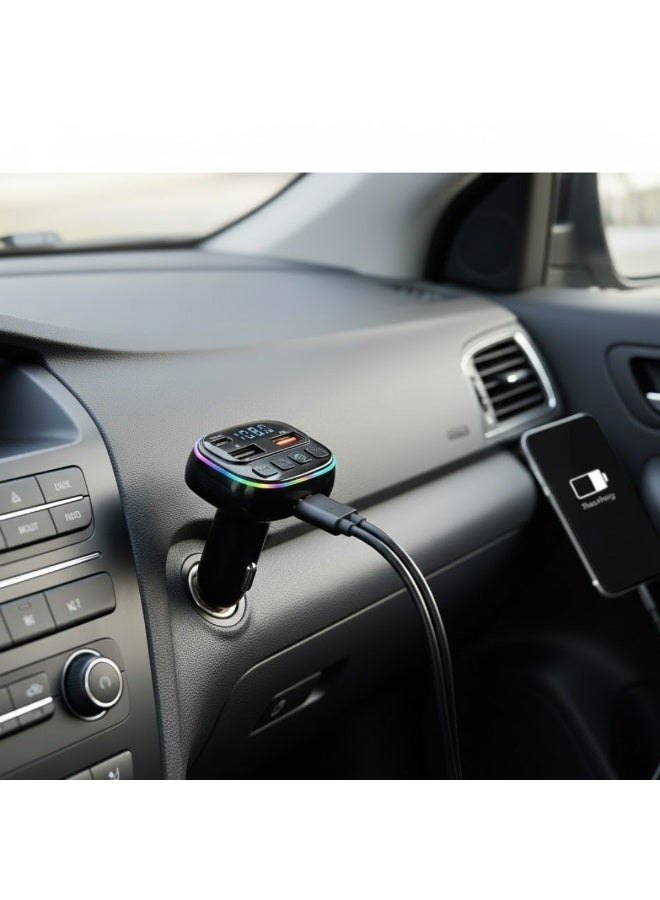 لوكاداه جهاز إرسال FM للسيارة بقوة 60 واط مع شاحن USB مزدوج سريع، وكابلات شحن مدمجة 3 في 1 (Type-C، Micro-USB، Lightning)، ومكالمات بدون استخدام اليدين، ومشغل موسيقى راديو FM لاسلكي، وشاشة LED لجميع السيارات (متعددة الألوان). - Image 4