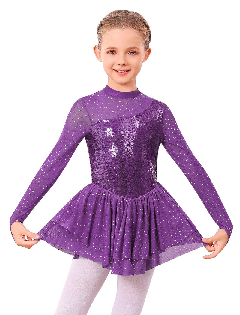 ODASDO Figure Skating Dress for Girls Ice Skating Kids Teenager Girl Mesh Long Sleeve Sparkly Rhinestones Sequin Skirted Leotard Gymnastics Competition Ballet Outfit Dancewear Purple 910 Years - Image 2
