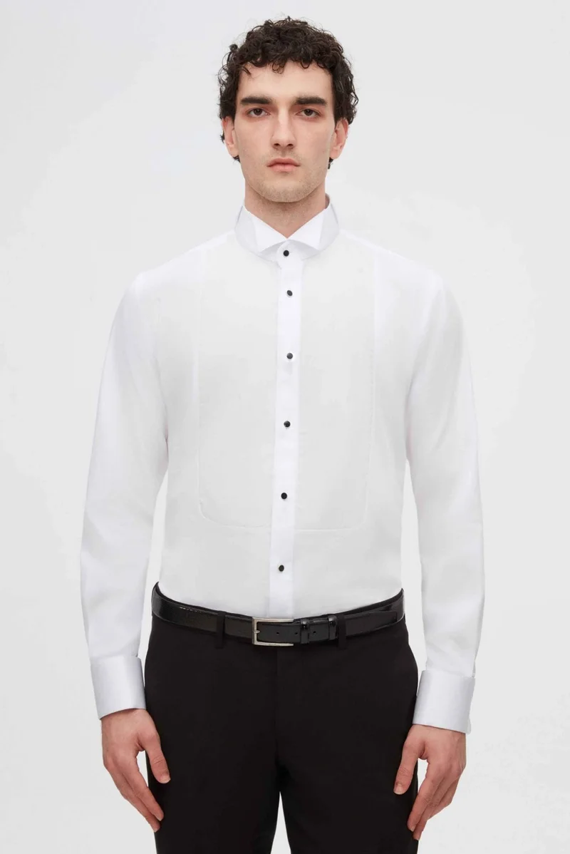 D'S DAMAT D'S Groom Slim Fit White Plain Cotton Satin Double Cuffed Ata Collar Tuxedo Shirt 2HSS2DY05212M