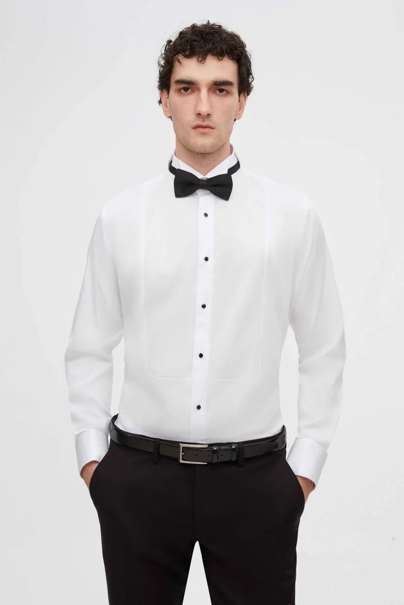 D'S DAMAT D'S Groom Slim Fit White Plain Cotton Satin Double Cuffed Ata Collar Tuxedo Shirt 2HSS2DY05212M