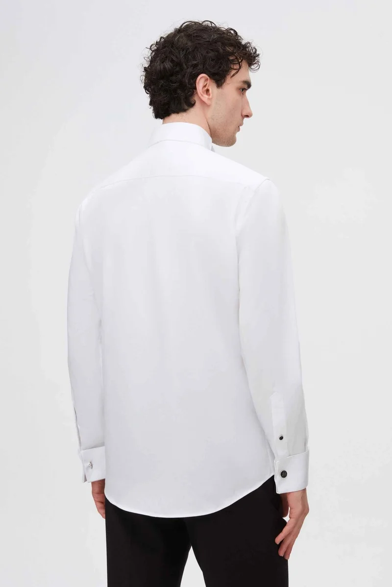 D'S DAMAT D'S Groom Slim Fit White Plain Cotton Satin Double Cuffed Ata Collar Tuxedo Shirt 2HSS2DY05212M