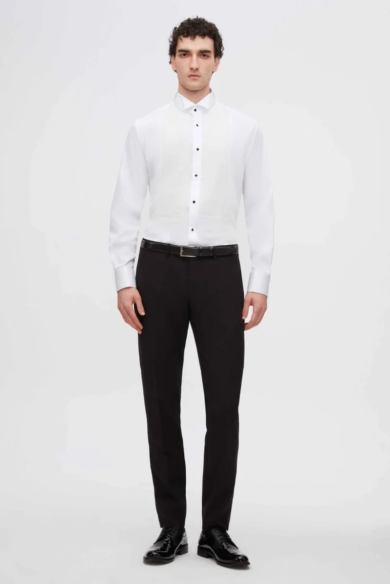 D'S DAMAT D'S Groom Slim Fit White Plain Cotton Satin Double Cuffed Ata Collar Tuxedo Shirt 2HSS2DY05212M