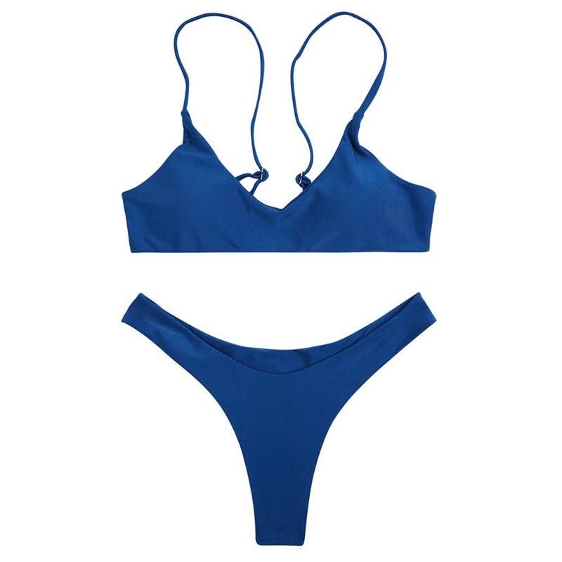 SherryDC Women's Solid Scoop Neck Push up Padded Brazilian Thong Bikini Swimsuit Deep Blue,S - Image 4