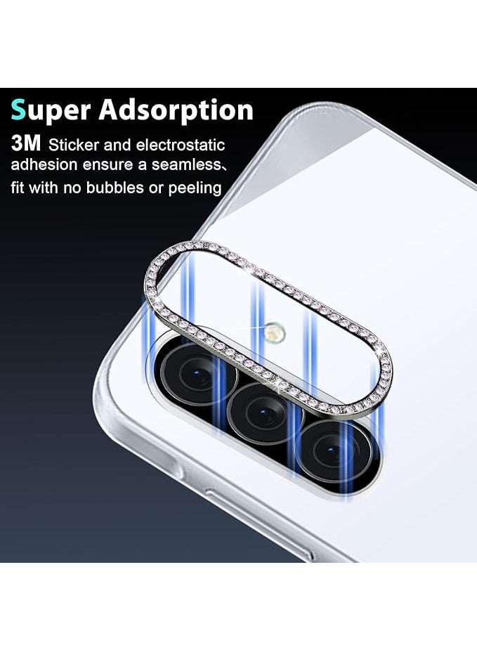 عدسة كاميرا فاخرة مرصعة بأحجار الراين لهاتف سامسونج A17 أحجار الراين، غطاء كريستالي ماسي لامع، إطار معدني فضي متين (فضي) - Image 3