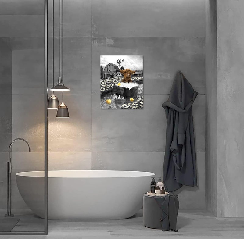 HANKCLES Highland Cow Bathroom Decor Wall Art Funny Bathroom Farm Cow Canvas Print Black And White Cow Bathroom Wall Decor Rubber Duck Cute Cow In Bathtub Wall Art Home Decor For Bathroom Bedroom 12x16 Inch - Image 4