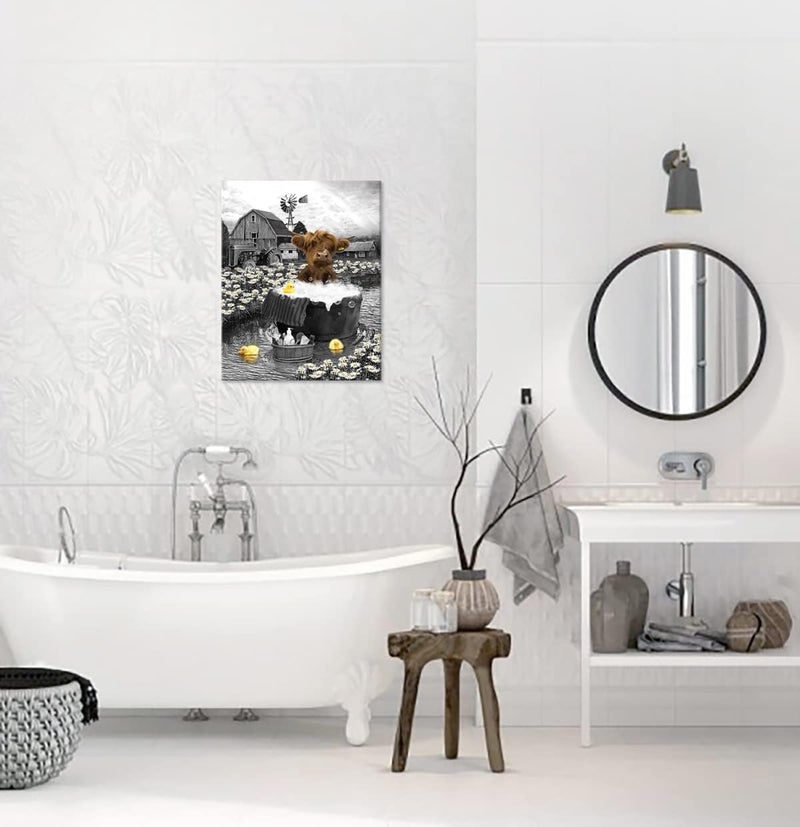 HANKCLES Highland Cow Bathroom Decor Wall Art Funny Bathroom Farm Cow Canvas Print Black And White Cow Bathroom Wall Decor Rubber Duck Cute Cow In Bathtub Wall Art Home Decor For Bathroom Bedroom 12x16 Inch - Image 5