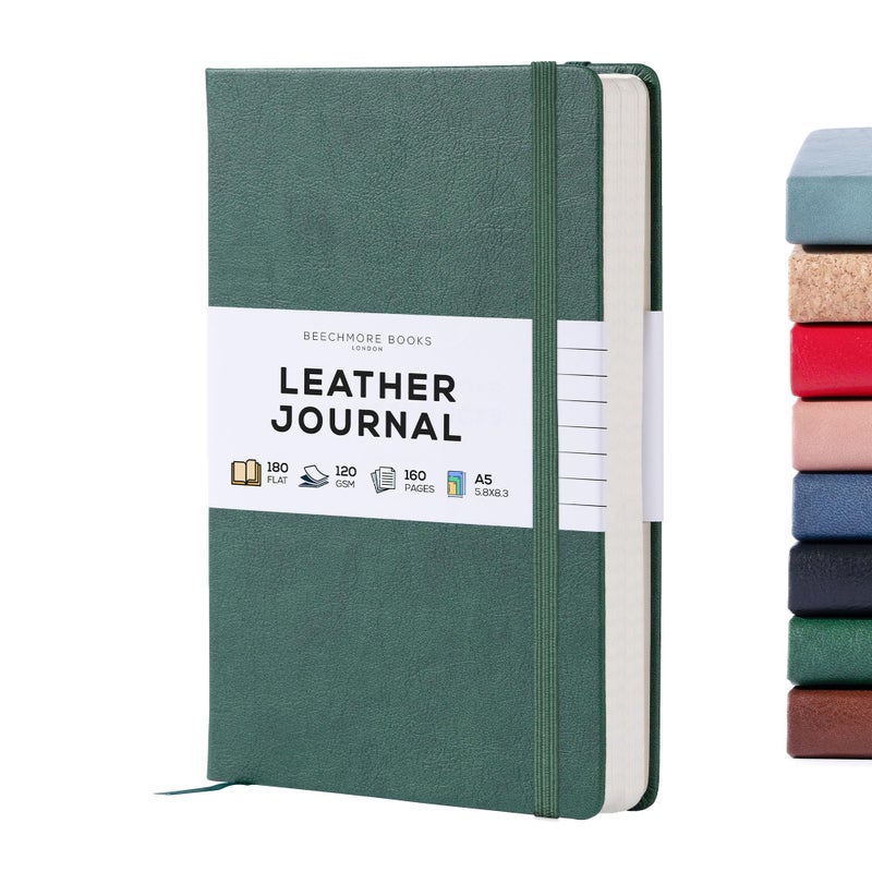 Beechmore Books دفتر ملاحظات بيشيمور المغلف، 5.8 × 8.3 بوصة، A5 160 صفحة مخططة، دفاتر جلدية صلبة للنساء والرجال، الكتابة ودفاتر العمل - ورق سميك 120 جرام، صندوق هدايا متضمن - Image 1