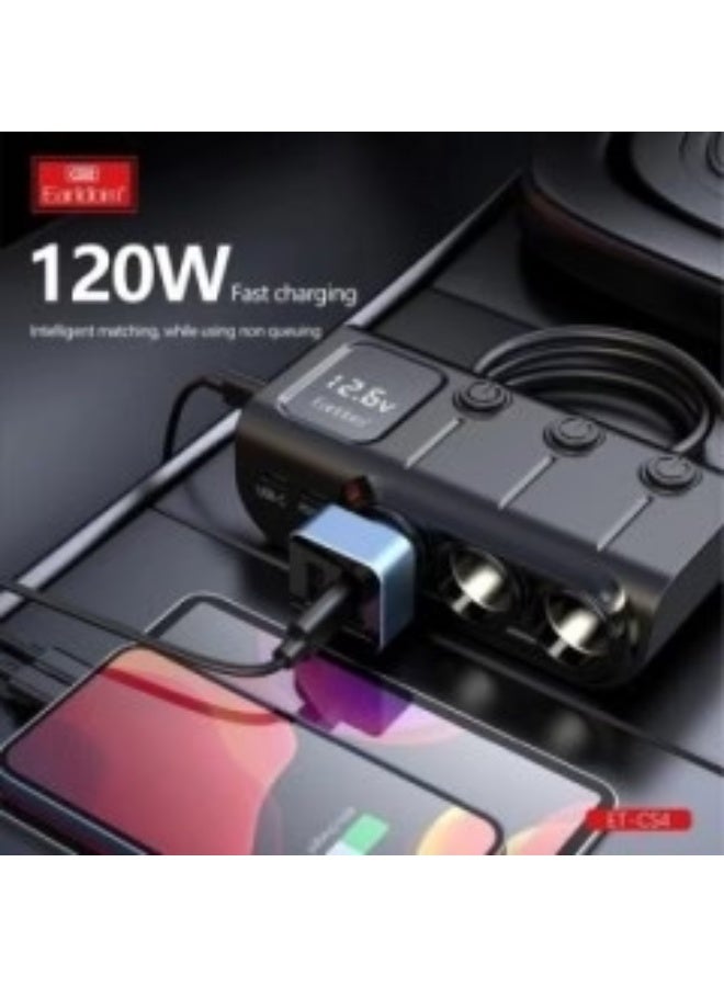 Earldom Multi-Socket Car Power Adapter with 3 Cigarette Lighter Ports, Dual Type-C PD Outputs, Wired Connection, Fast Charging, Black - Image 2