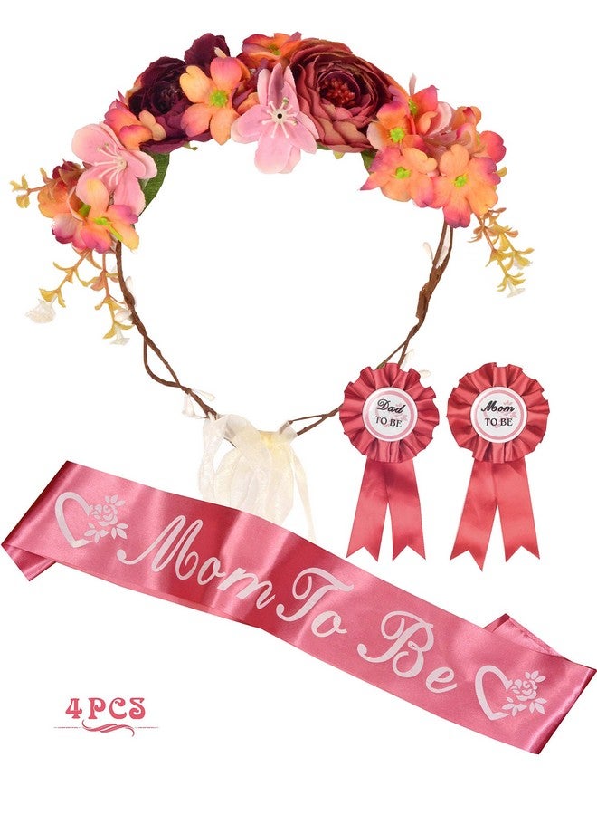 MEANT2TOBE Orange Pink Flower Tiara, Sash Set & Dad Pin - Maternity Gift For Mom & Him, Baby Girl Shower Decor - Image 1