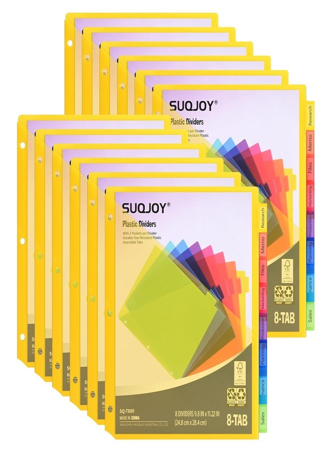 SUQJOY 8-Tab 3 Ring Binder Dividers, 0.5'' Plastic Sheet Protectors for US Letter Size, Assorted Colors, Set of 8 (12 Pack) - Image 1