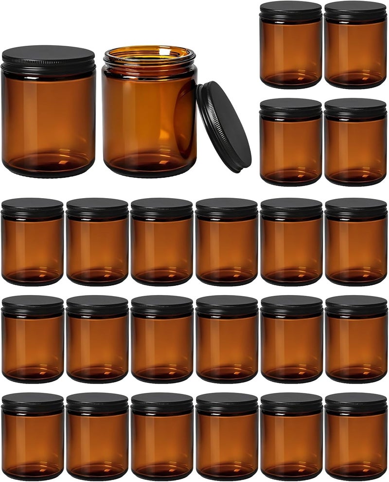 SHOWIN Candle Jars for Making Candles 24pcs, 8oz Amber Glass Containers with Lids, Thick Glass Jars with Matte Black Metal Lids, Empty Canning Jars for Candle Making Supplies, Storage, DIY Crafts Bulk - Image 1
