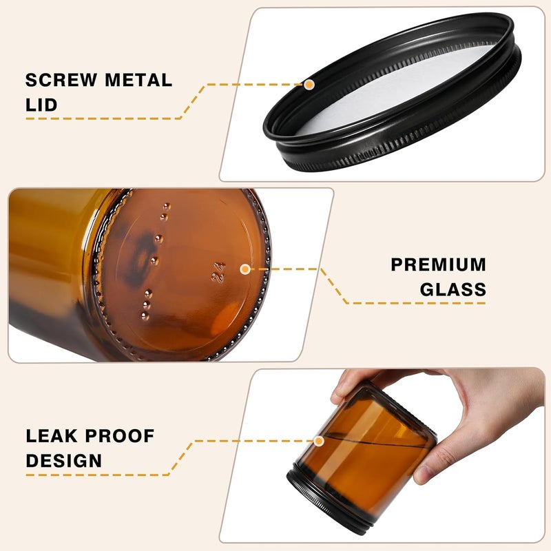 SHOWIN Candle Jars for Making Candles 24pcs, 8oz Amber Glass Containers with Lids, Thick Glass Jars with Matte Black Metal Lids, Empty Canning Jars for Candle Making Supplies, Storage, DIY Crafts Bulk - Image 3