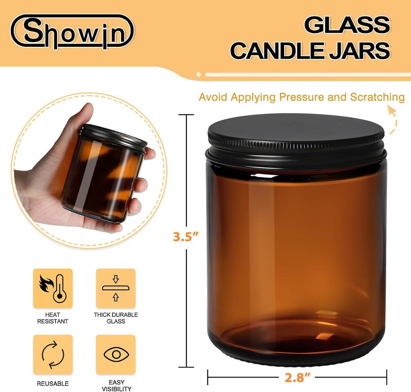 SHOWIN Candle Jars for Making Candles 24pcs, 8oz Amber Glass Containers with Lids, Thick Glass Jars with Matte Black Metal Lids, Empty Canning Jars for Candle Making Supplies, Storage, DIY Crafts Bulk - Image 2