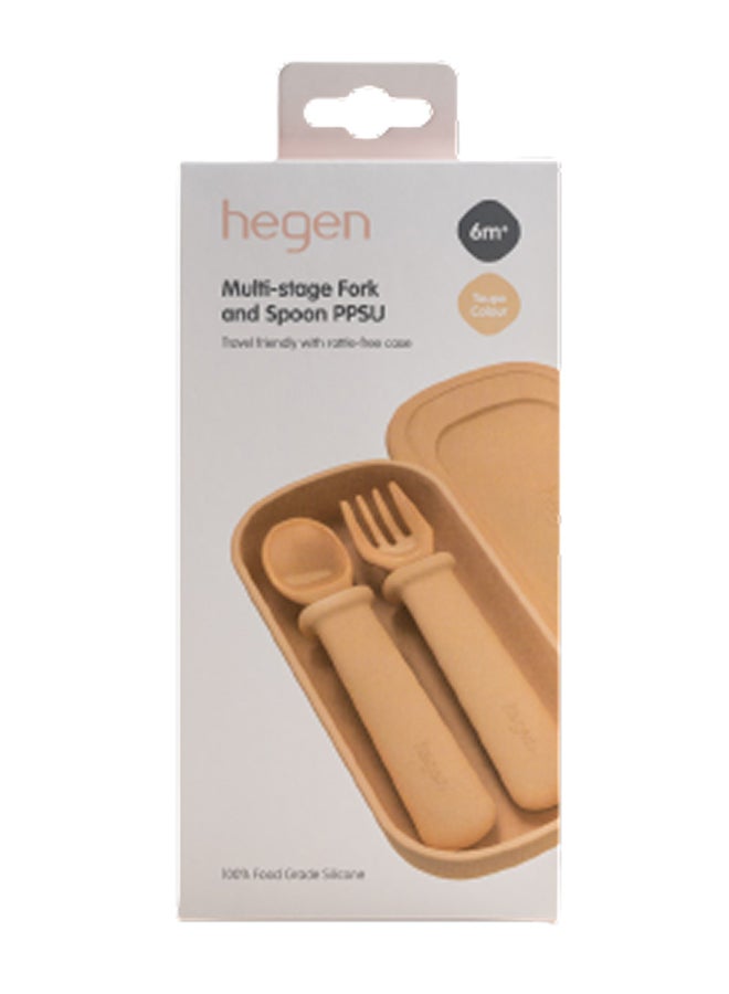 hegen Multi-Stage Fork & Spoon Set with Travel Case Taupe - Removable Silicone Grip, PPSU Material, Durable, Travel Friendly Baby Feeding Utensils, 6M+ - Image 3
