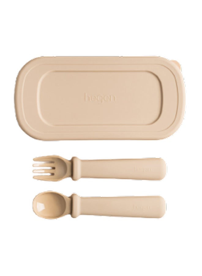 hegen Multi-Stage Fork & Spoon Set with Travel Case Taupe - Removable Silicone Grip, PPSU Material, Durable, Travel Friendly Baby Feeding Utensils, 6M+ - Image 2