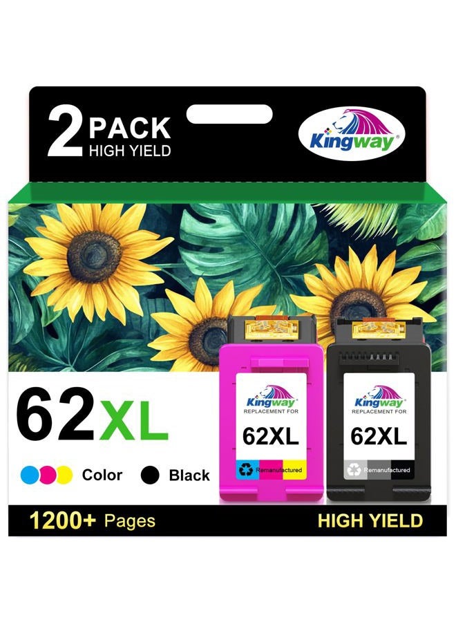 KINGWAY 62XL Ink Cartridges Black and Color Replacement for HP Ink 62 for HP 62XL Ink Cartridge Combo Pack HP62 HP62XL Envy 7640 7645 5660 5540 5661 OfficeJet 5740 8040 Mobile 200 250 258 Printer Ink 62 - Image 1