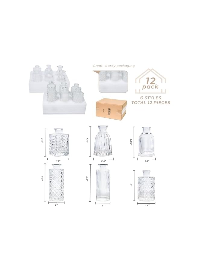 The Bros طقم مزهريات زجاجية من 12، مزهريات صغيرة شفافة بالجملة، مزهرية زهور صغيرة لمراكز الزينة، زجاجة عتيقة لتزيين الطاولات، ديكور زفاف، استقبال، منزل (شفاف) - Image 5