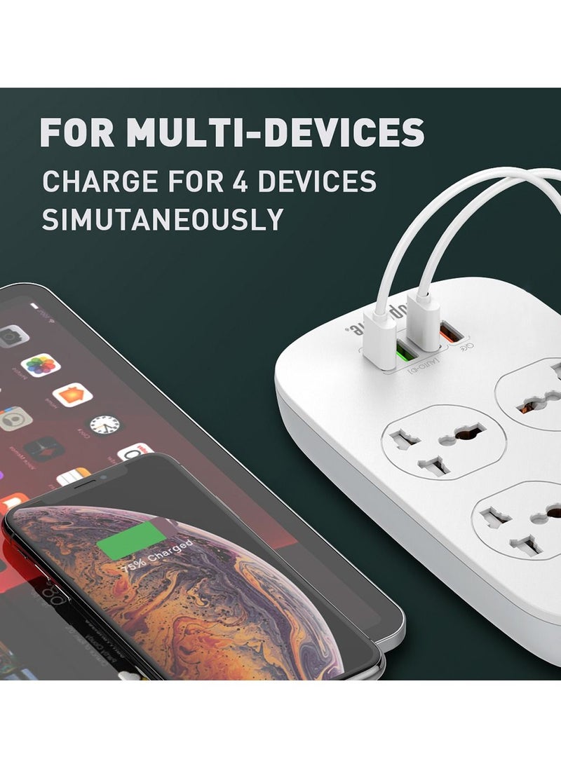 blupebble - 4 Way Surge Protection Power Strip with Three USB Output AUTO-ID + QC 3.0 Heavy Duty Electrical Extension Socket18W - Image 1