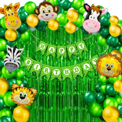 HK balloons Pack of 56 Pcs Jungle theme Birthday Party Decorations items For boys Forest Theme Happy Birthday Foil balloons Animal Face Foil, Chrome Balloons - Image 1