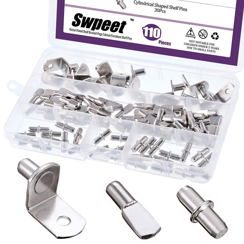 Swpeet 110Pcs 3 Styles Shelf Pins Assortment Kit Nickel Plated Shelf Bracket Pegs Cabinet Furniture Shelf Support - Image 2
